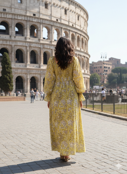 Mustard Yellow Floral Maxi Midi Dress – Long Sleeve Block Print Bohemian Dress