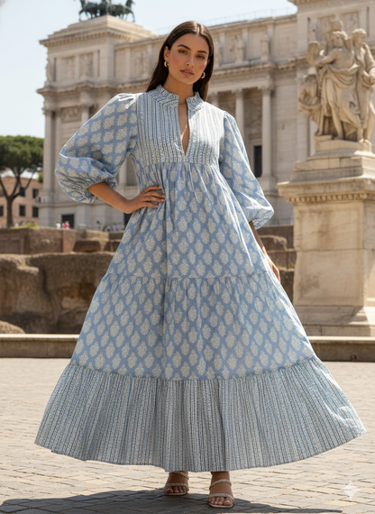 Sky Blue Floral Hand Block Printed Cotton Midi Dress – Puff Sleeve Boho Indian Dress