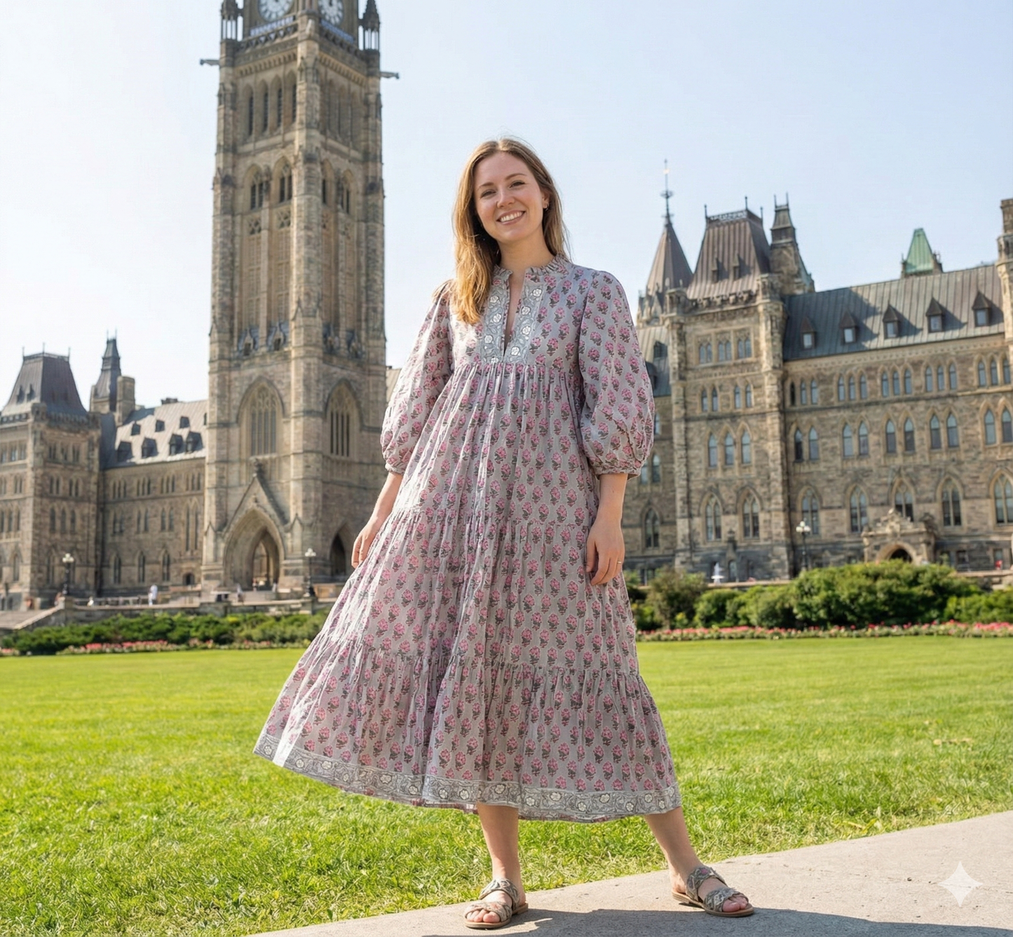 Grey Pink Floral Hand Block Printed Cotton Maxi Dress – Tiered Boho Women’s Dress