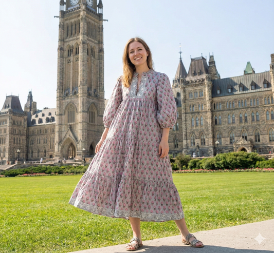 Grey Pink Floral Hand Block Printed Cotton Maxi Dress – Tiered Boho Women’s Dress