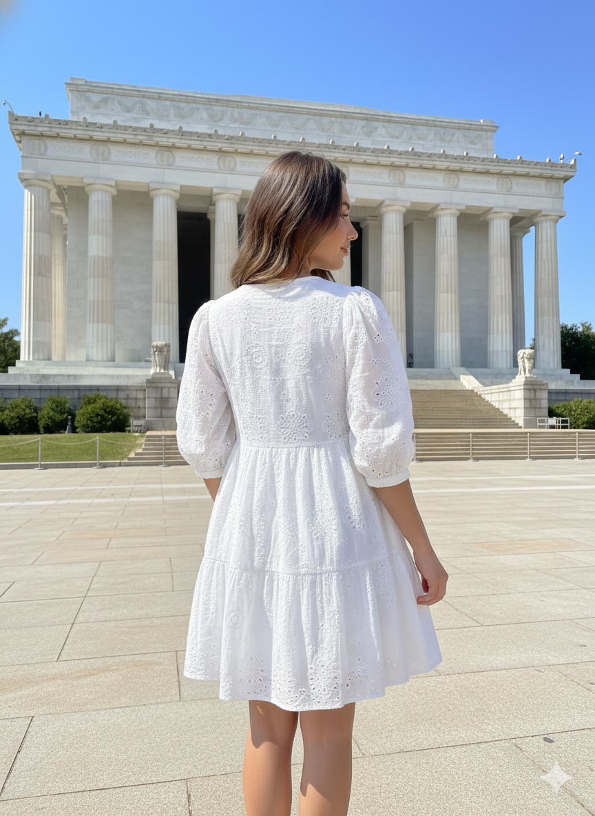 White Cotton Eyelet Mini Dress – Boho Tiered Long Sleeve Summer Dress