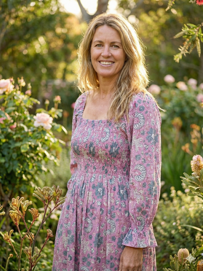 Dusty Rose Floral Hand Block Printed Cotton Dress – Smocked Bodice Boho Midi Dress with Puff Sleeves