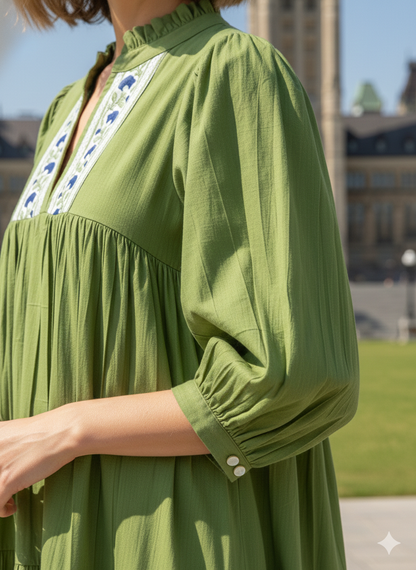 Olive Green Cotton Maxi Dress – Puff Sleeve Tiered Boho Long Dress with Floral Block Print Border