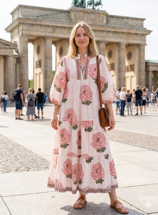 Rose Block Print Cotton Tiered Maxi Dress – Boho Puff Sleeve Dress