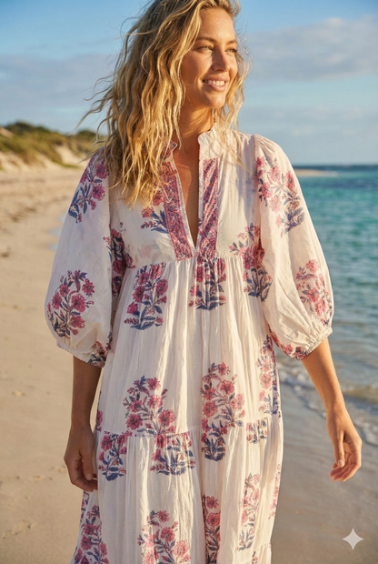 White Pink Floral Block Print Cotton Dress – Handcrafted Boho Maxi Dress by the Yard