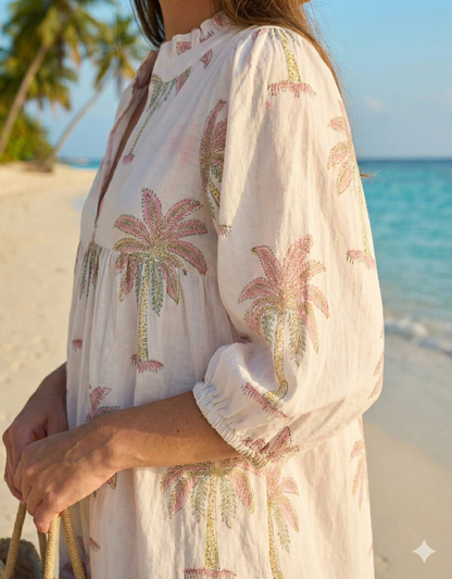 Ivory Palm Tree Hand Printed Cotton Mini Dress – Puff Sleeve Boho Summer Dress