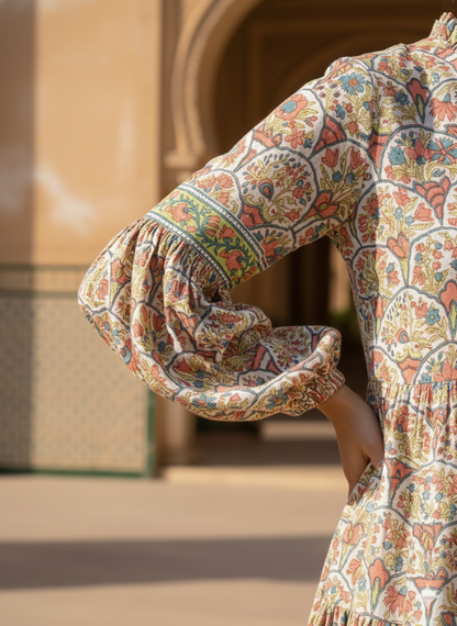 Multicolor Floral Hand Block Printed Cotton Mini Dress – Boho Puff Sleeve Indian Dress