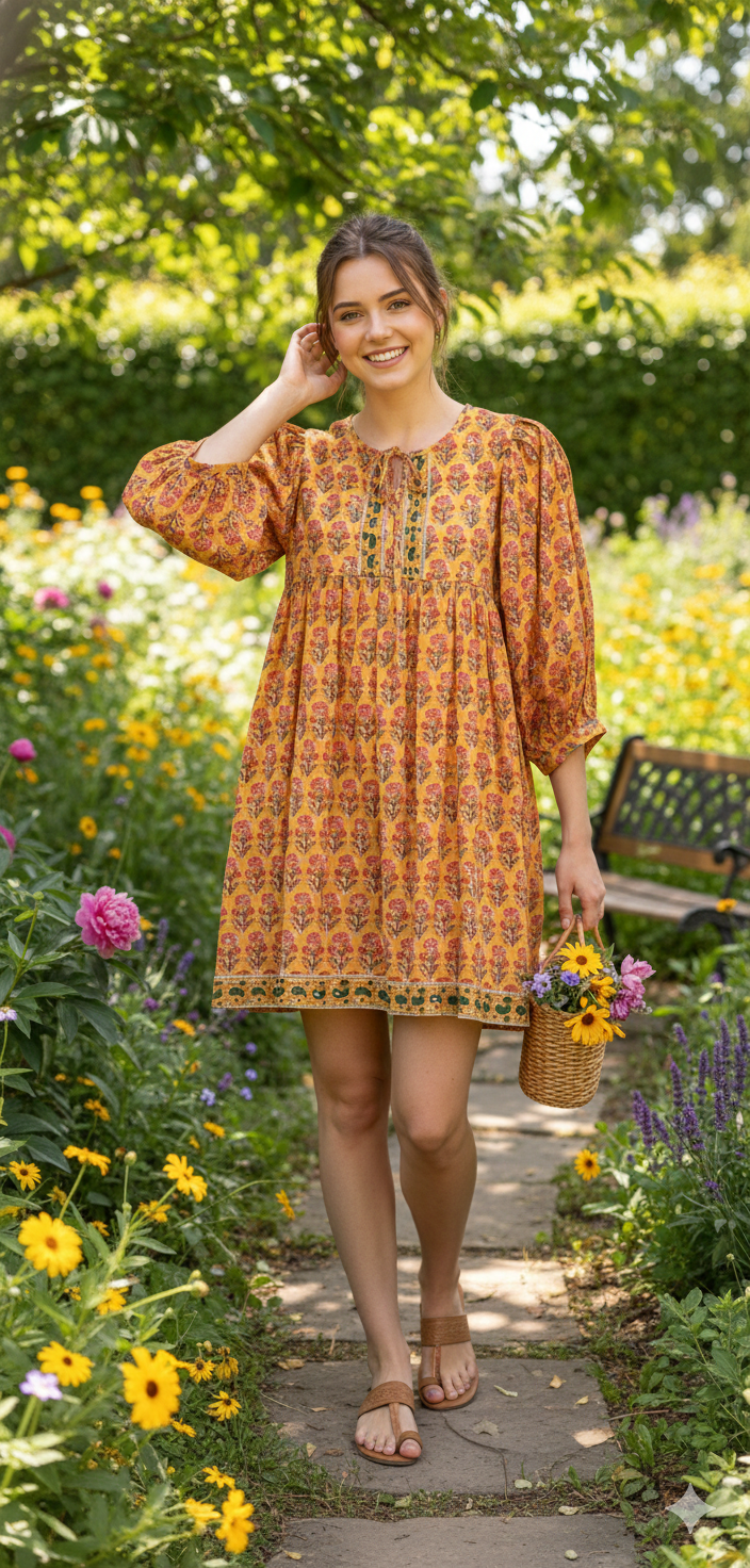 Mustard Yellow Pink Floral Hand Block Printed Cotton Midi Dress – Boho Indian Tiered Dress