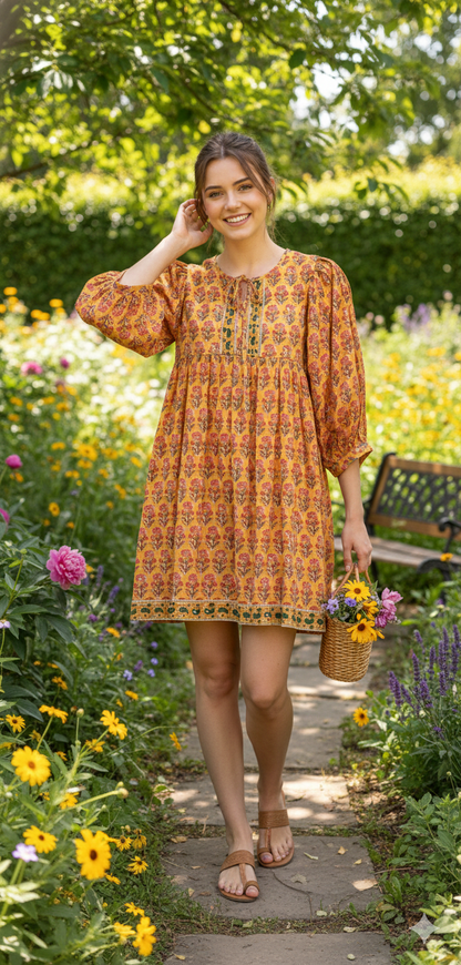 Mustard Yellow Pink Floral Hand Block Printed Cotton Midi Dress – Boho Indian Tiered Dress