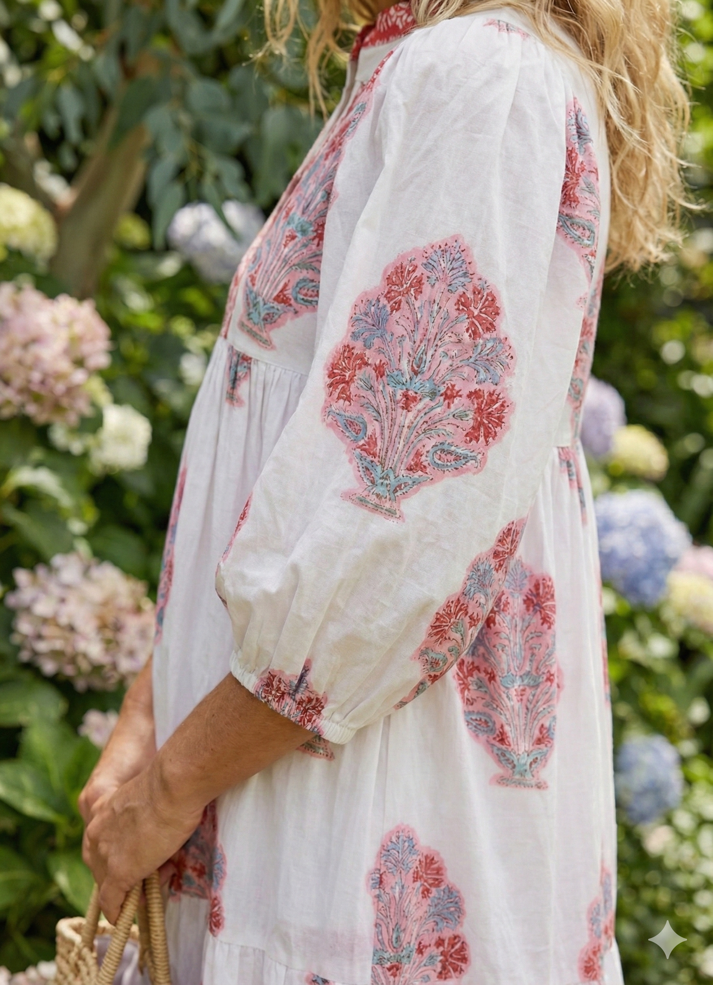 Red Floral Hand Block Printed Cotton Dress – Puff Sleeve Boho Tiered Maxi Dress