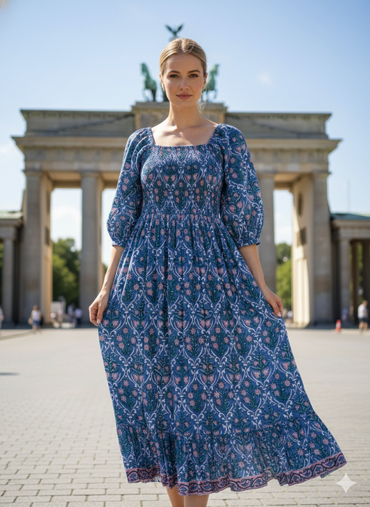 Dusty Blue Floral Block Print Cotton Midi Dress – Smocked Puff Sleeve Boho Dress