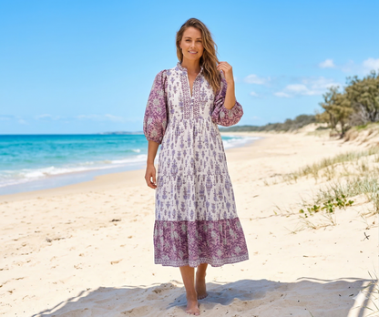 Lavender & Ivory Floral Hand Block Print Cotton Maxi Dress – Boho Tiered Dress with Puff Sleeves