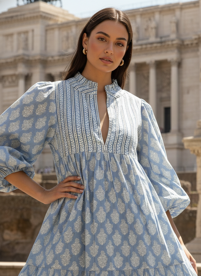 Sky Blue Floral Hand Block Printed Cotton Midi Dress – Puff Sleeve Boho Indian Dress