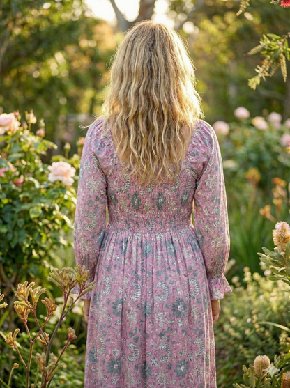 Dusty Rose Floral Hand Block Printed Cotton Dress – Smocked Bodice Boho Midi Dress with Puff Sleeves
