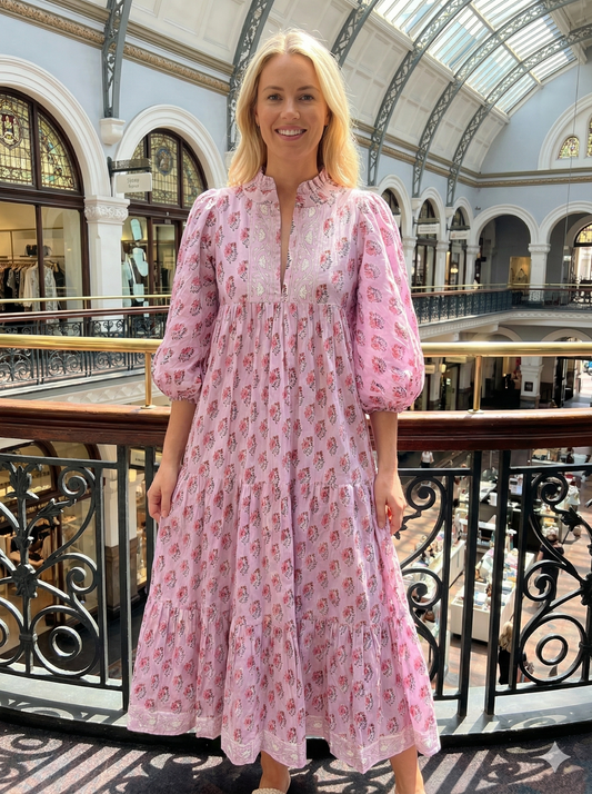 Pink Floral Hand Block Printed Cotton Maxi Dress – Indian Boho Tiered Long Dress
