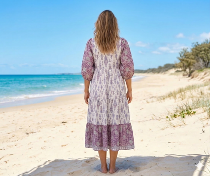 Lavender & Ivory Floral Hand Block Print Cotton Maxi Dress – Boho Tiered Dress with Puff Sleeves