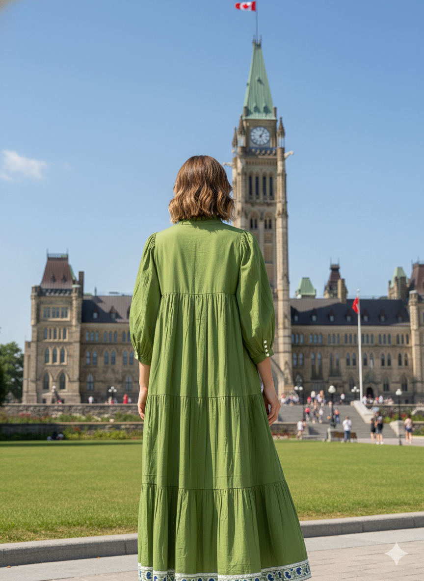 Olive Green Cotton Maxi Dress – Puff Sleeve Tiered Boho Long Dress with Floral Block Print Border