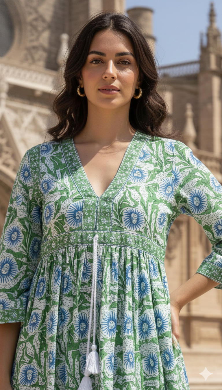 Green Floral Hand Block Printed Cotton Maxi Dress – Boho V-Neck Tassel Dress