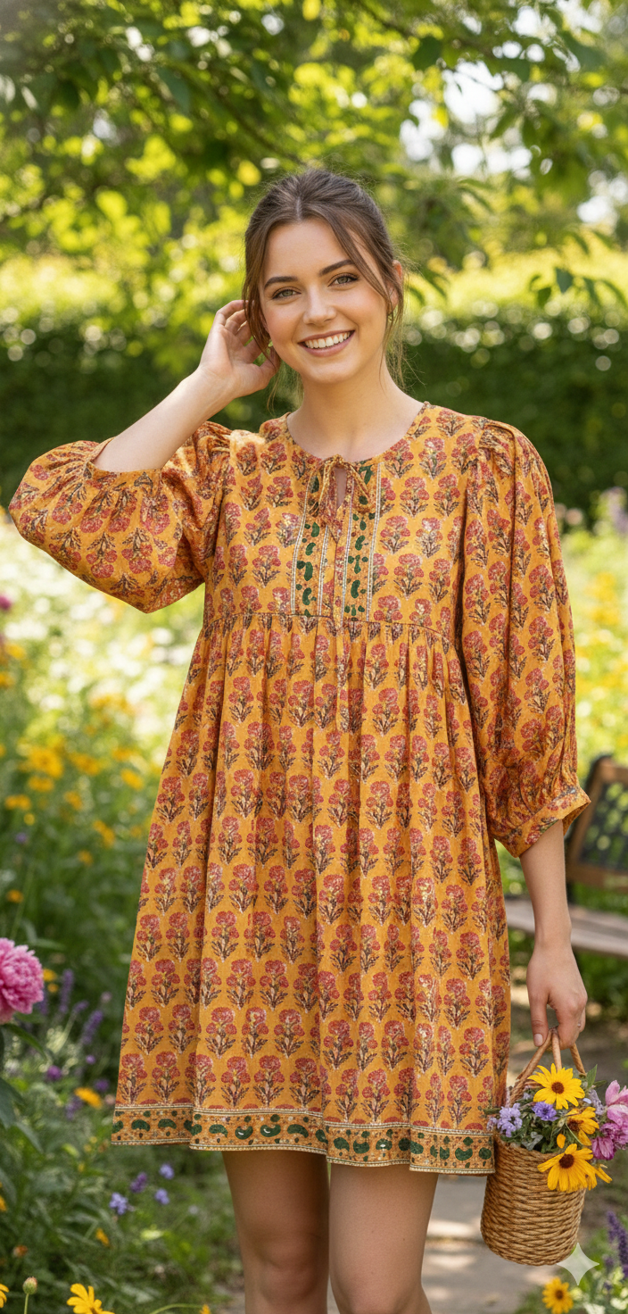 Mustard Yellow Pink Floral Hand Block Printed Cotton Midi Dress – Boho Indian Tiered Dress