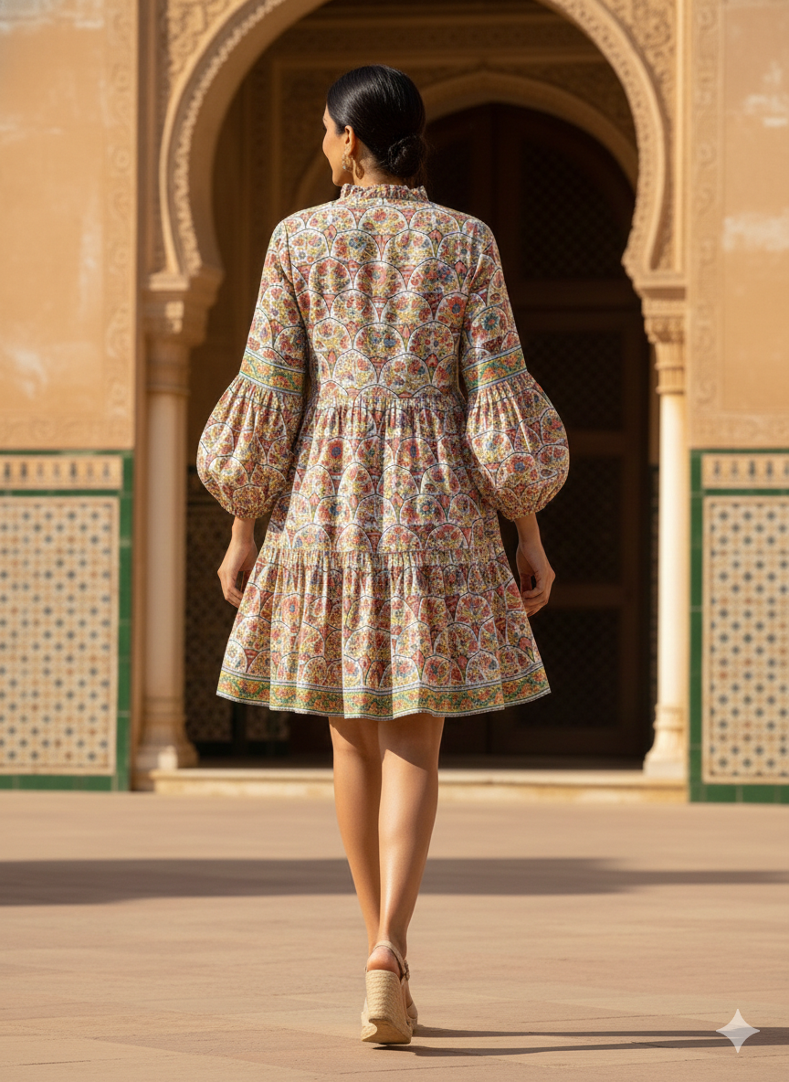 Multicolor Floral Hand Block Printed Cotton Mini Dress – Boho Puff Sleeve Indian Dress