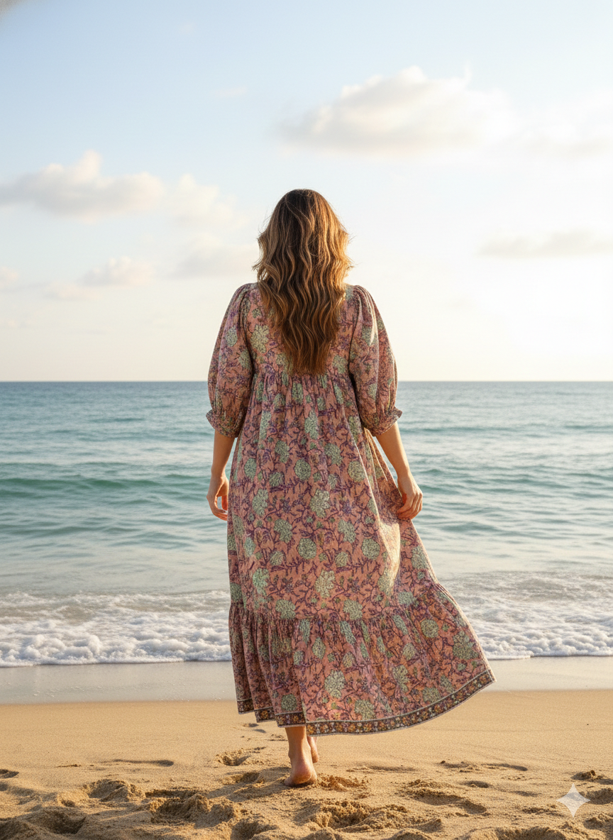 vintage rose gold floral block printed women's maxi dress