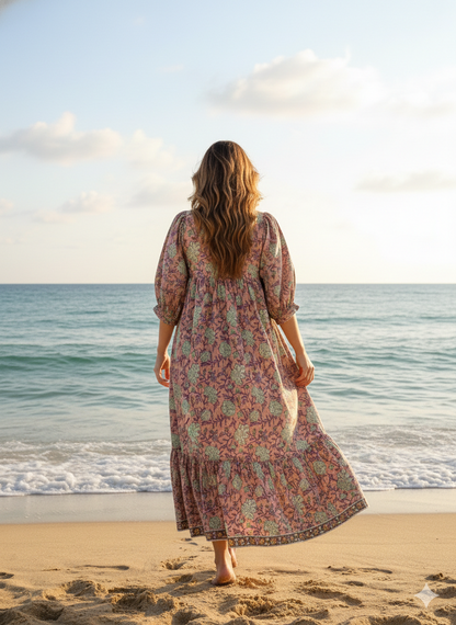 vintage rose gold floral block printed women's maxi dress
