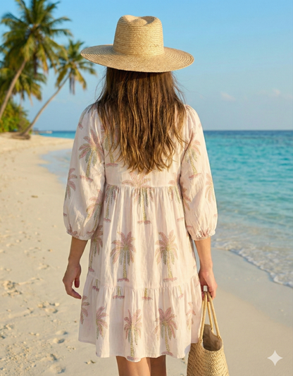 Ivory Palm Tree Hand Printed Cotton Mini Dress – Puff Sleeve Boho Summer Dress