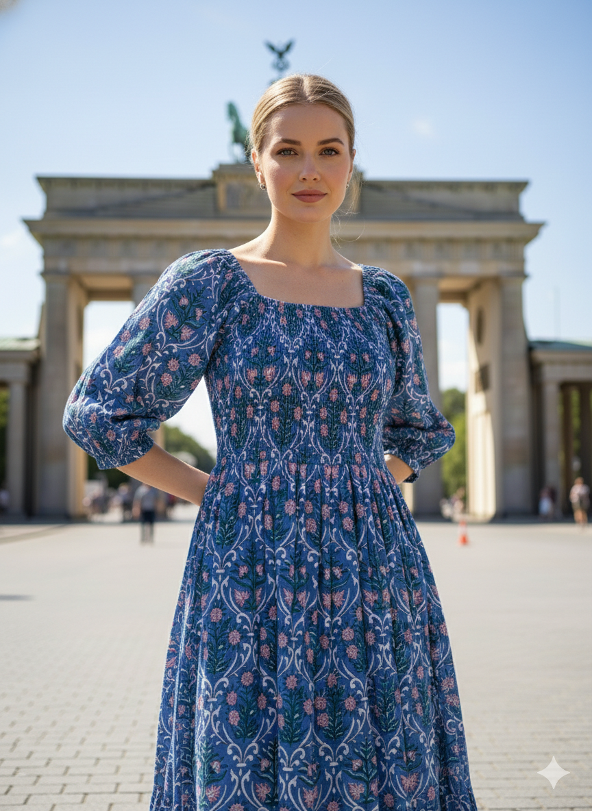 Dusty Blue Floral Block Print Cotton Midi Dress – Smocked Puff Sleeve Boho Dress