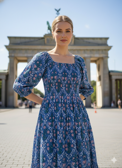 Dusty Blue Floral Block Print Cotton Midi Dress – Smocked Puff Sleeve Boho Dress