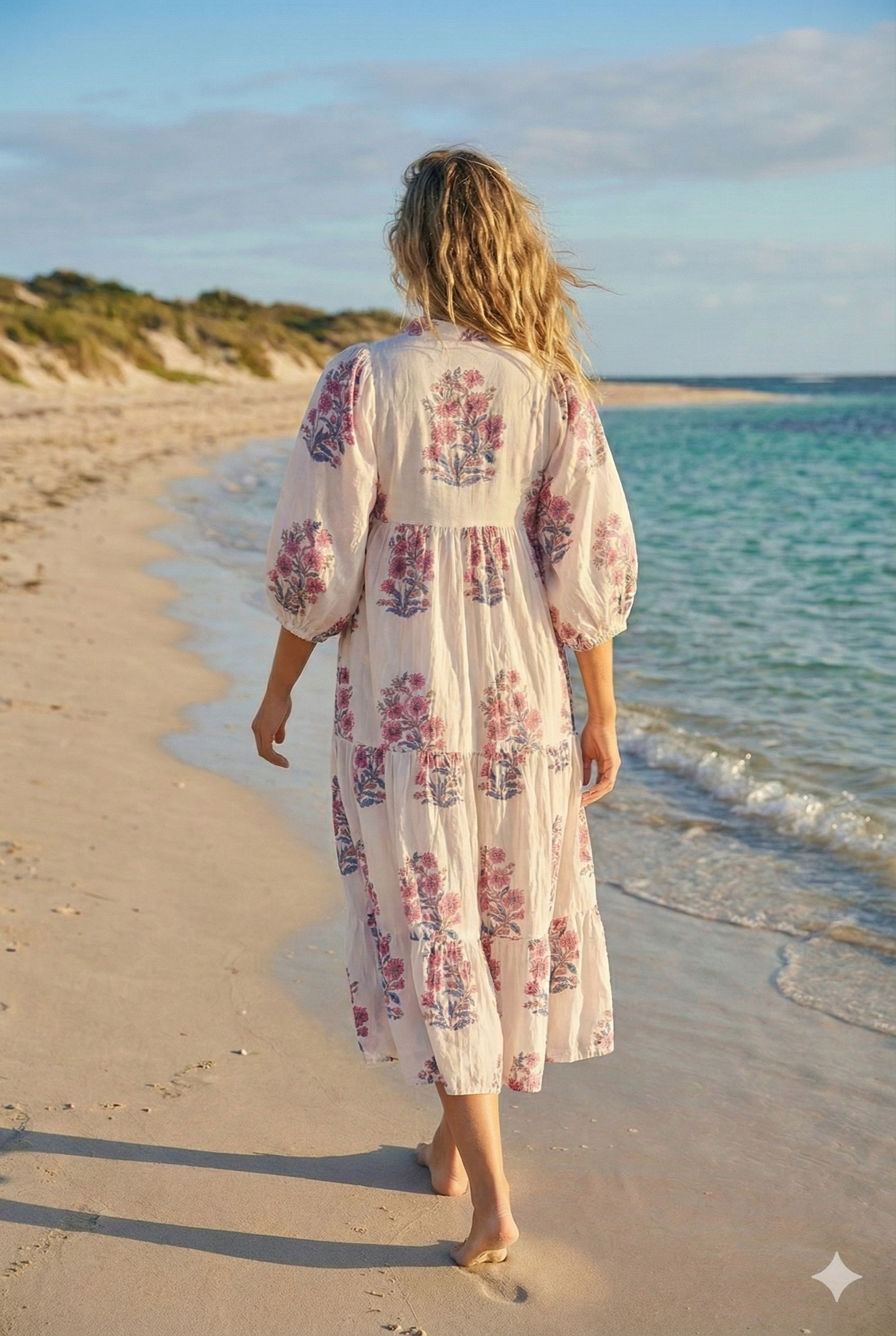 White Pink Floral Block Print Cotton Dress – Handcrafted Boho Maxi Dress by the Yard