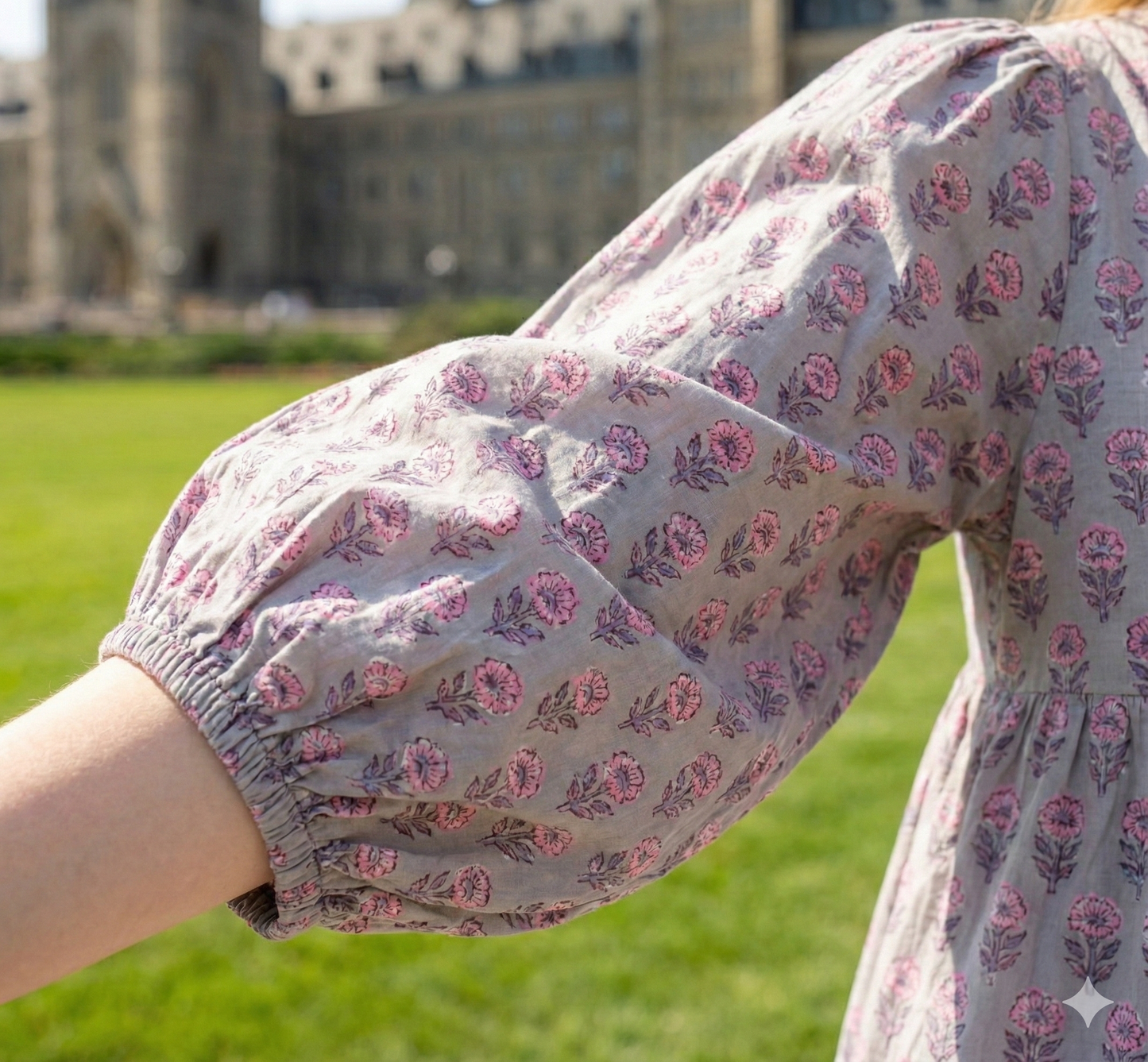 Grey Pink Floral Hand Block Printed Cotton Maxi Dress – Tiered Boho Women’s Dress