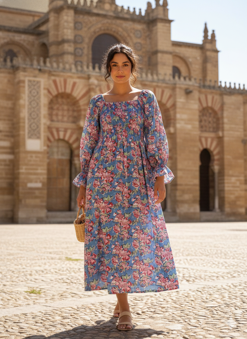 Blue Floral Hand Block Printed Cotton Midi Dress – Smocked Bodice Puff Sleeve Boho Dress