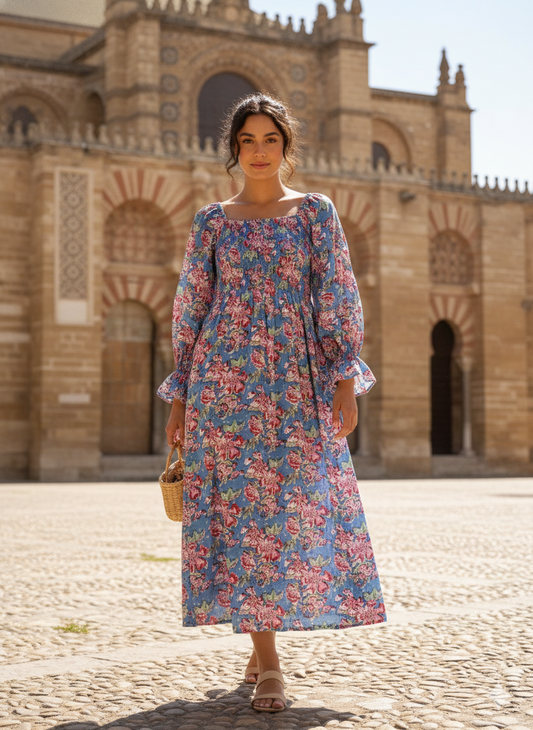 Blue Floral Hand Block Printed Cotton Midi Dress – Smocked Bodice Puff Sleeve Boho Dress