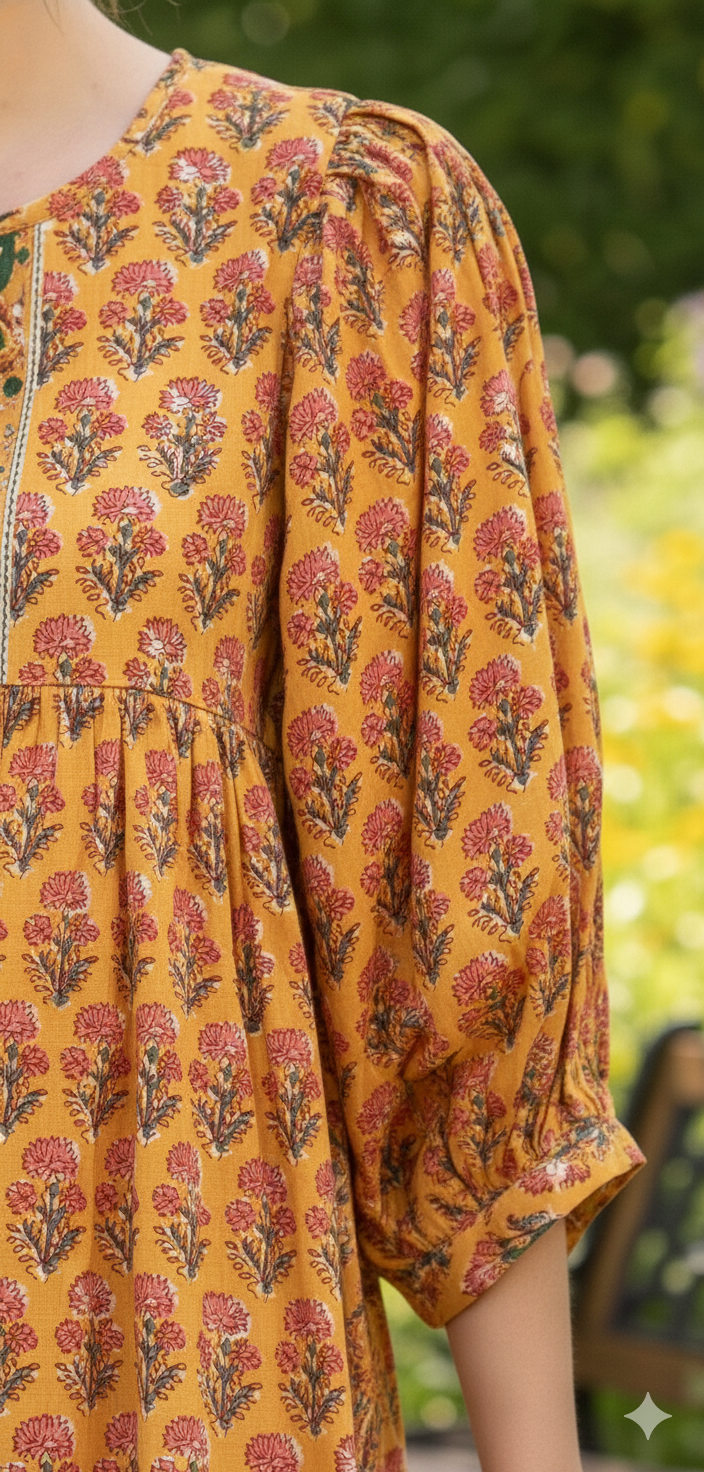 Mustard Yellow Pink Floral Hand Block Printed Cotton Midi Dress – Boho Indian Tiered Dress