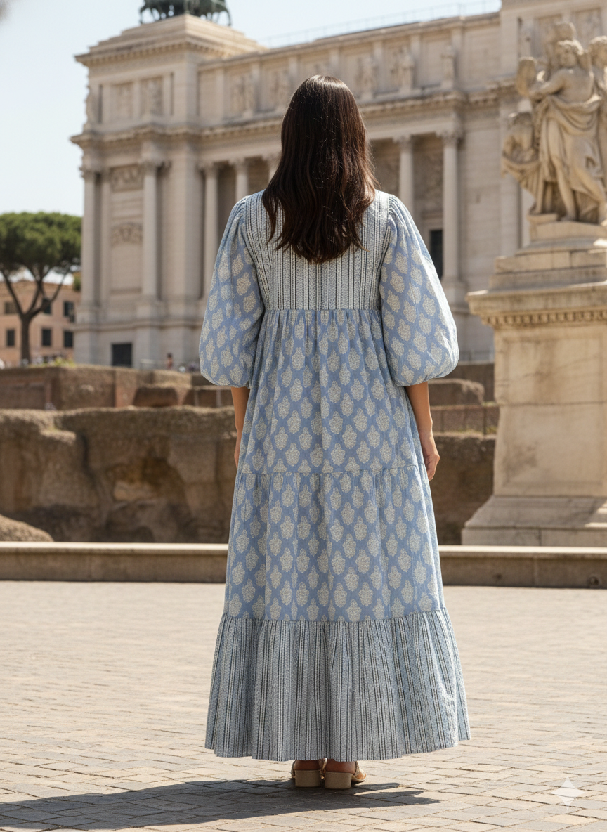 Sky Blue Floral Hand Block Printed Cotton Midi Dress – Puff Sleeve Boho Indian Dress