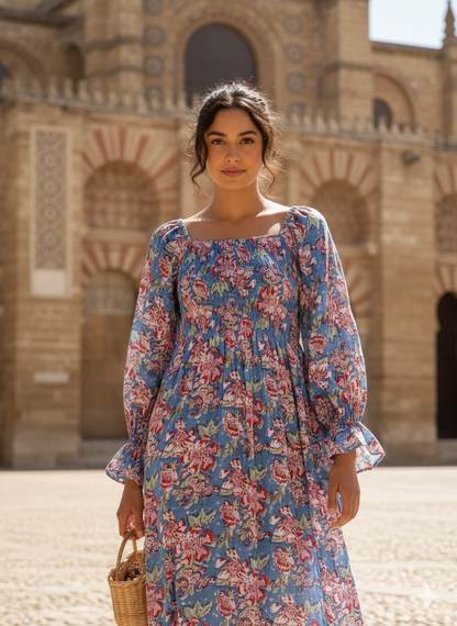 Blue Floral Hand Block Printed Cotton Midi Dress – Smocked Bodice Puff Sleeve Boho Dress