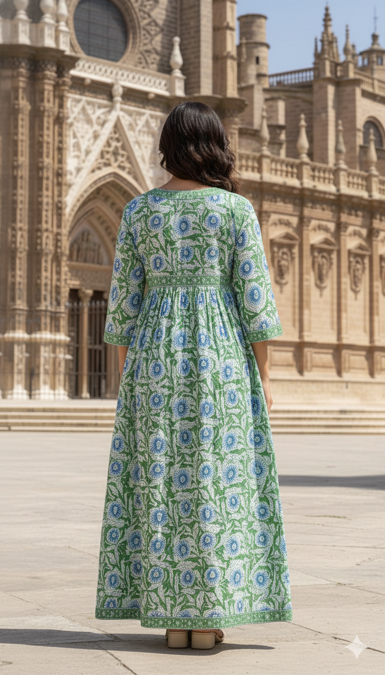 Green Floral Hand Block Printed Cotton Maxi Dress – Boho V-Neck Tassel Dress