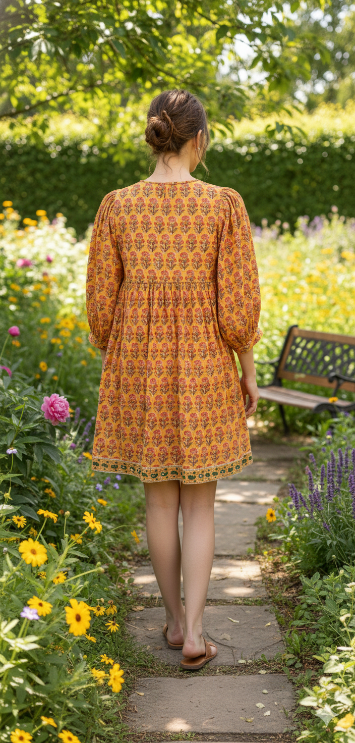 Mustard Yellow Pink Floral Hand Block Printed Cotton Midi Dress – Boho Indian Tiered Dress