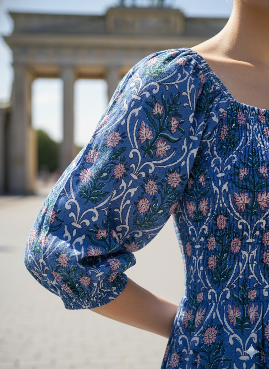 Dusty Blue Floral Block Print Cotton Midi Dress – Smocked Puff Sleeve Boho Dress