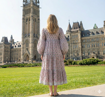 Grey Pink Floral Hand Block Printed Cotton Maxi Dress – Tiered Boho Women’s Dress