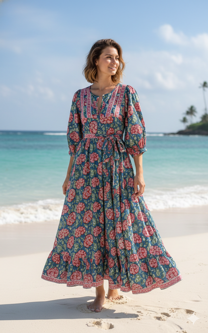 Teal Blue Pink Floral Hand Block Printed Cotton Midi Dress – Puff Sleeve Boho Indian Dress