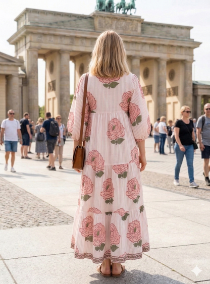 Rose Block Print Cotton Tiered Maxi Dress – Boho Puff Sleeve Dress