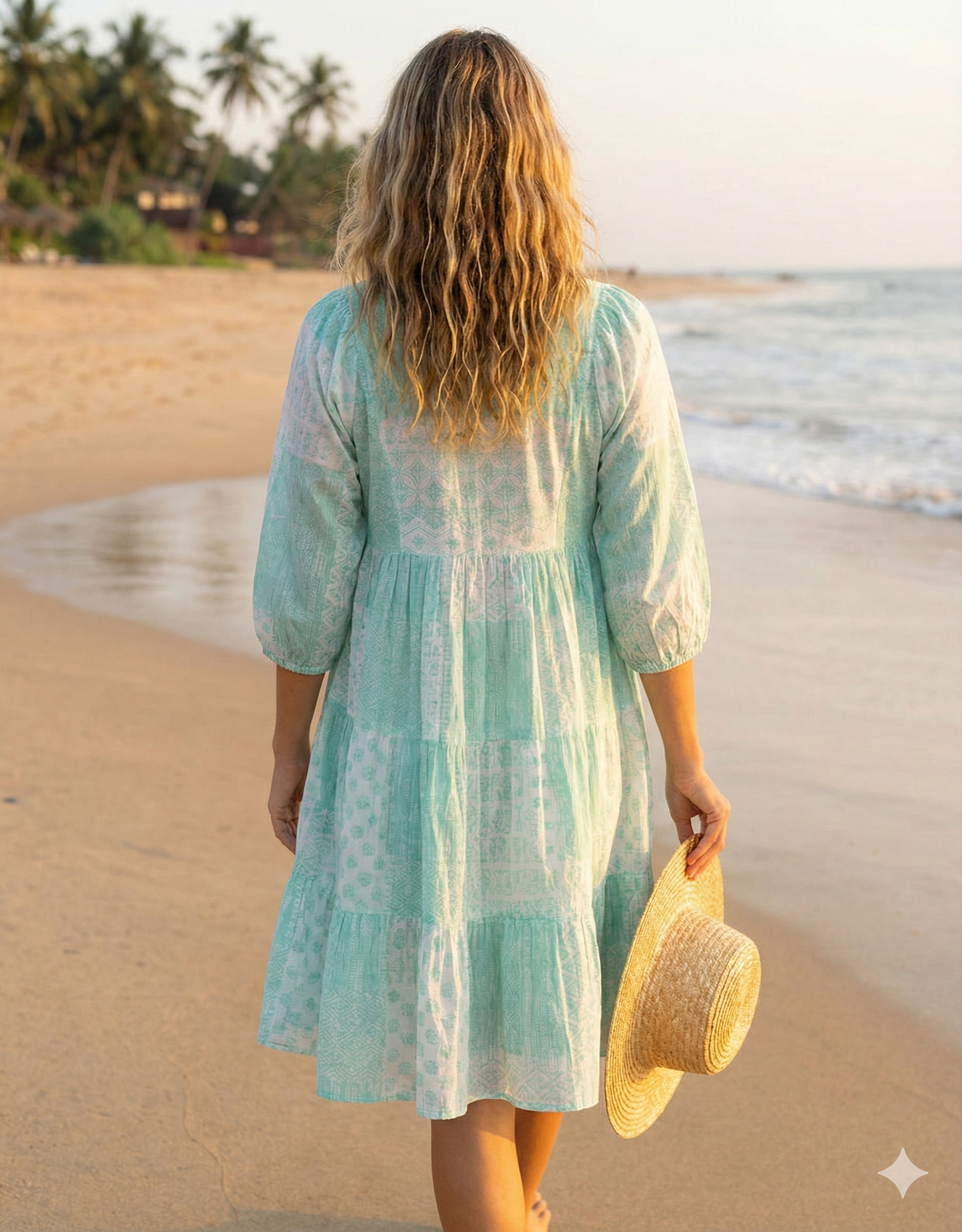 Mint Green Geometric Screen Printed Cotton Dress – Puff Sleeve Boho Tiered Midi Dress