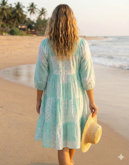 Mint Green Geometric Screen Printed Cotton Dress – Puff Sleeve Boho Tiered Midi Dress