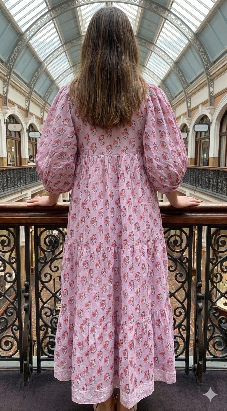 Pink Floral Hand Block Printed Cotton Maxi Dress – Indian Boho Tiered Long Dress