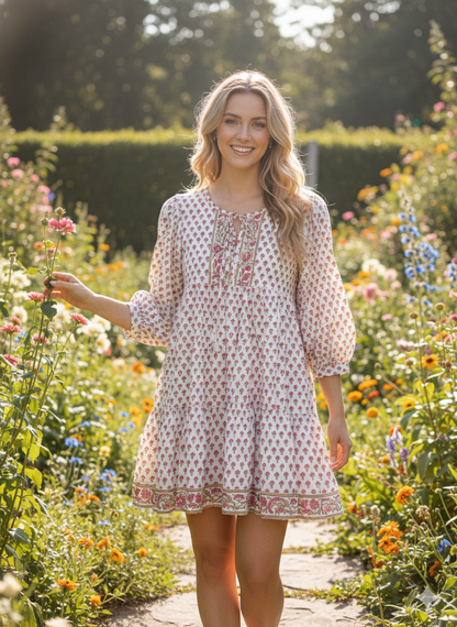 White Red Floral Hand Block Printed Cotton Midi Dress – Boho Indian Tiered Dress