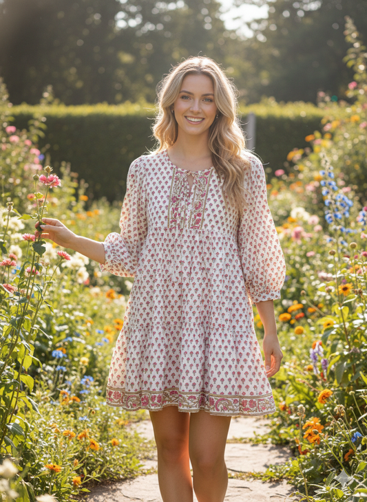 White Red Floral Hand Block Printed Cotton Midi Dress – Boho Indian Tiered Dress