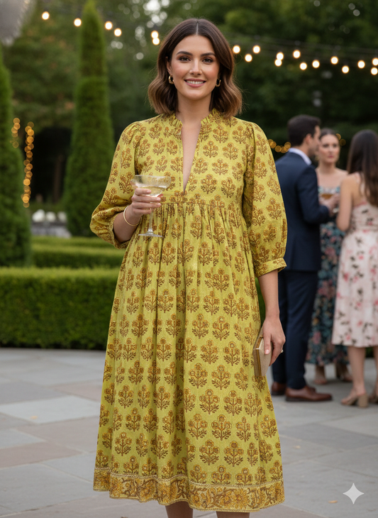 Yellow Buti Floral Hand Block Printed Cotton Midi Dress – Boho Ruffle Neck Puff Sleeve Tiered Dress – Indian Summer Dress for Women