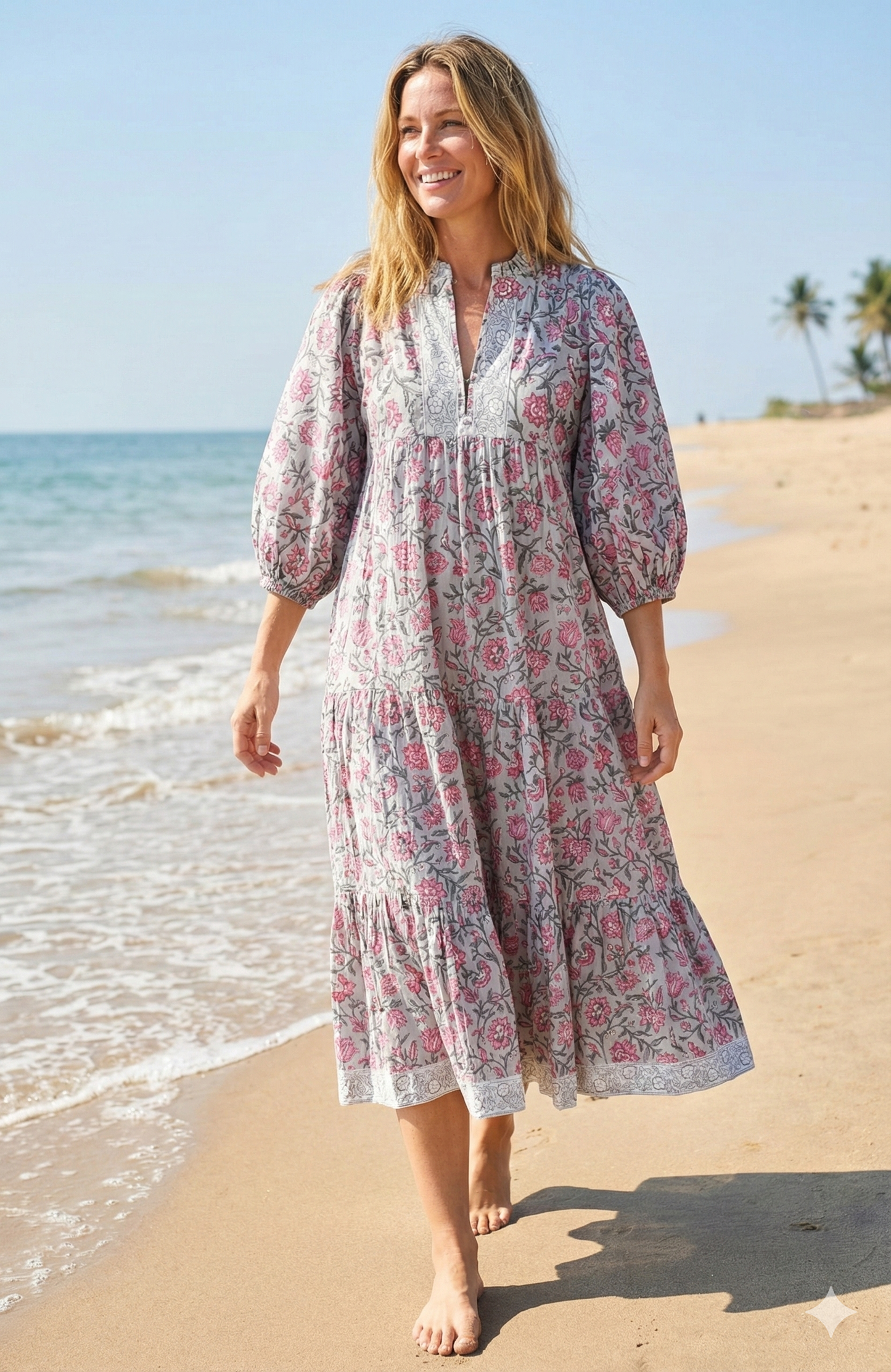 Grey Pink Floral Hand Block Printed Cotton Maxi Dress – Tiered Boho Women’s Dress
