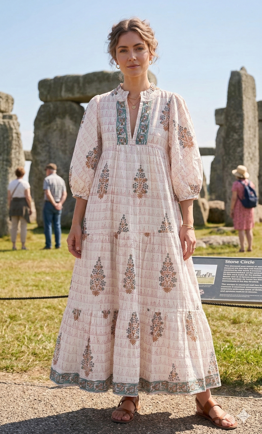 Blush Pink Floral Hand Block Print Cotton Maxi Dress – Boho Puff Sleeve Tiered Dress